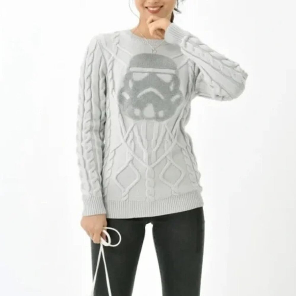 Disney Parks Star Wars Stormtrooper Gray Cable Knit Crew Neck Pullover Sweater